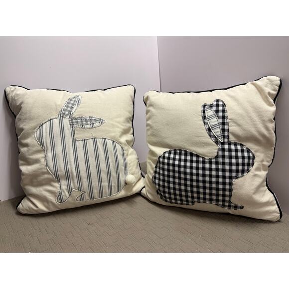 2 Tabitha Webb Bunny Throw Pillows Black White Gingham Stripe Easter Rabbit Lot - Picture 1 of 11